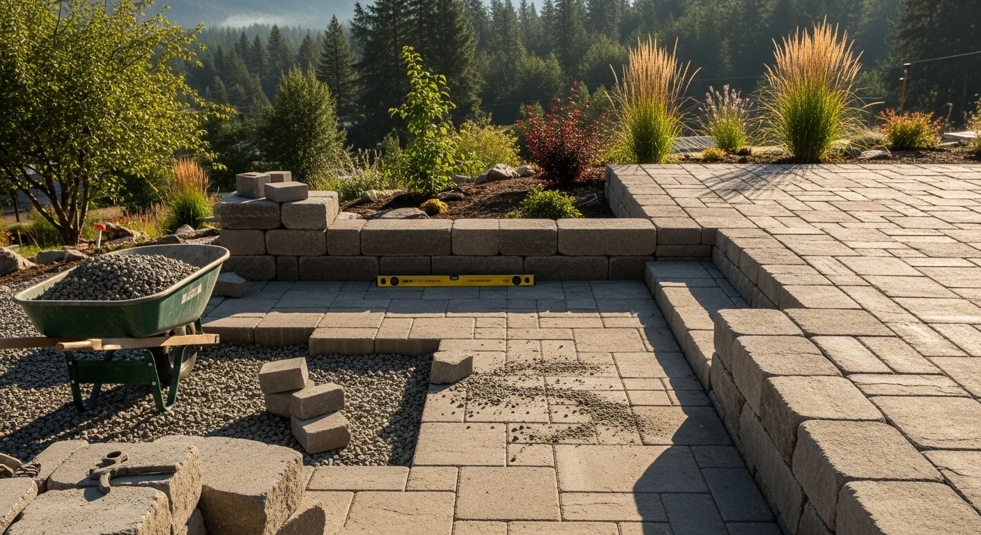 Professional landscape construction featuring a stone patio, retaining wall, and planted garden beds in Leavenworth, WA