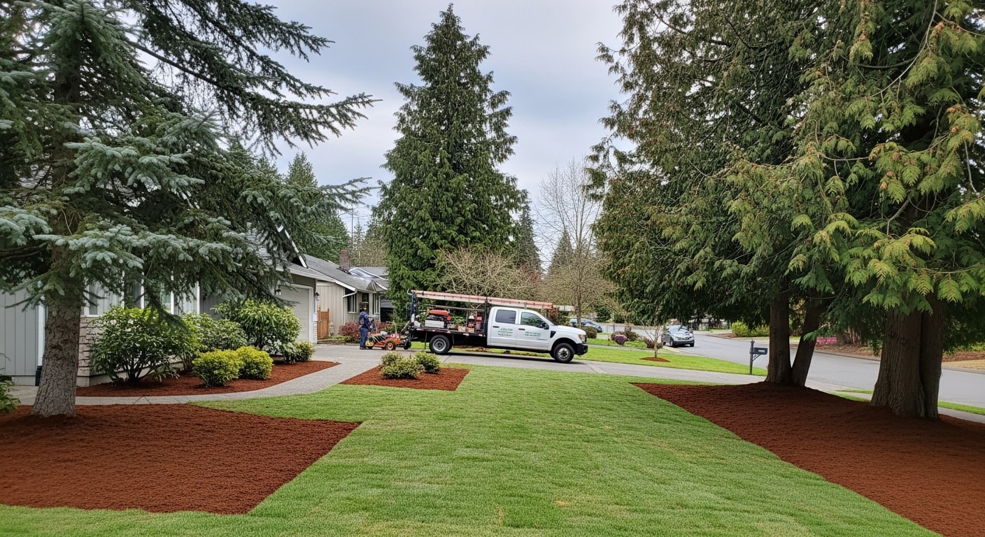Wide view of a Snohomish County residential property with mature trees and clear sky, showing typical suburban landscape.