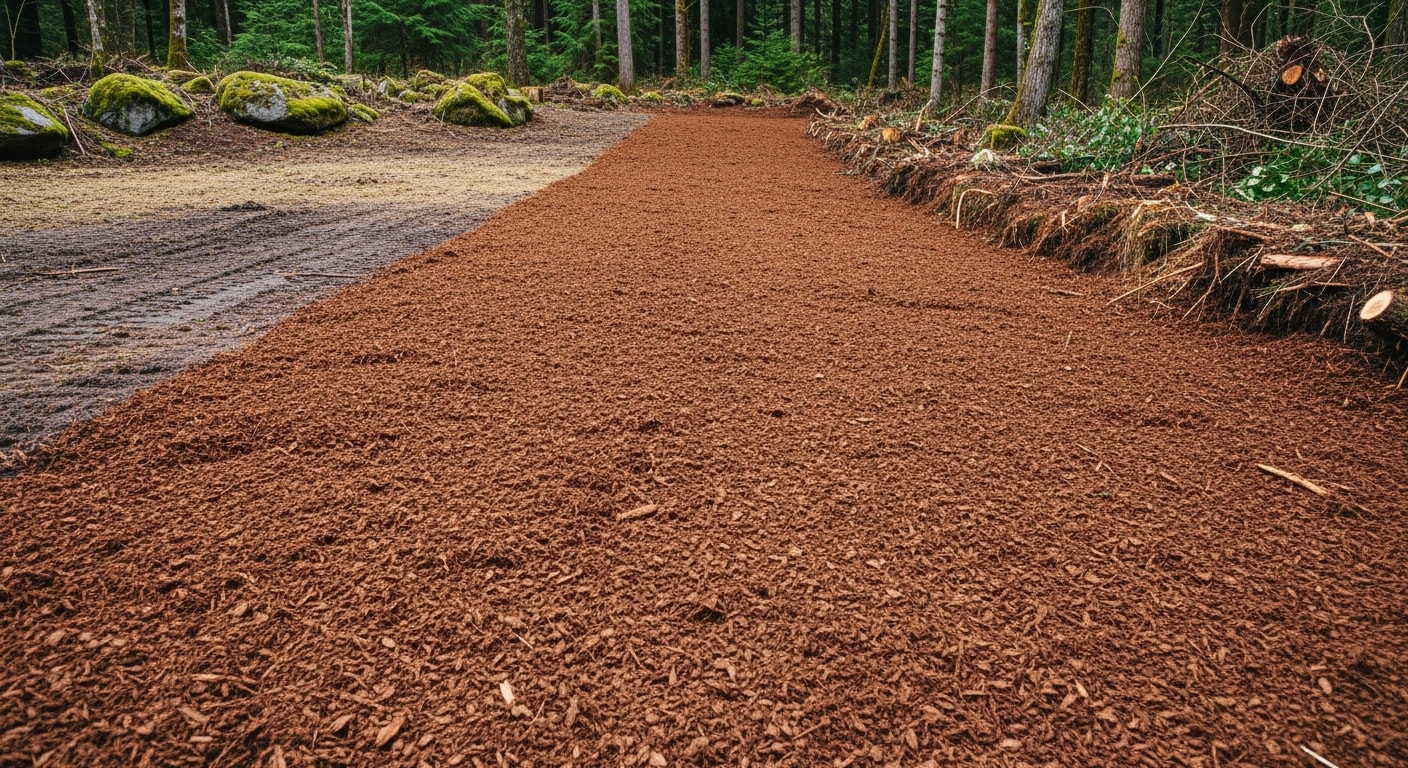 A tracked forestry mulcher clearing dense brush and small trees on a rural Snohomish County property, leaving a layer of ground mulch across the cleared area. The surrounding tree line and overcast Pacific Northwest sky are visible in the background.