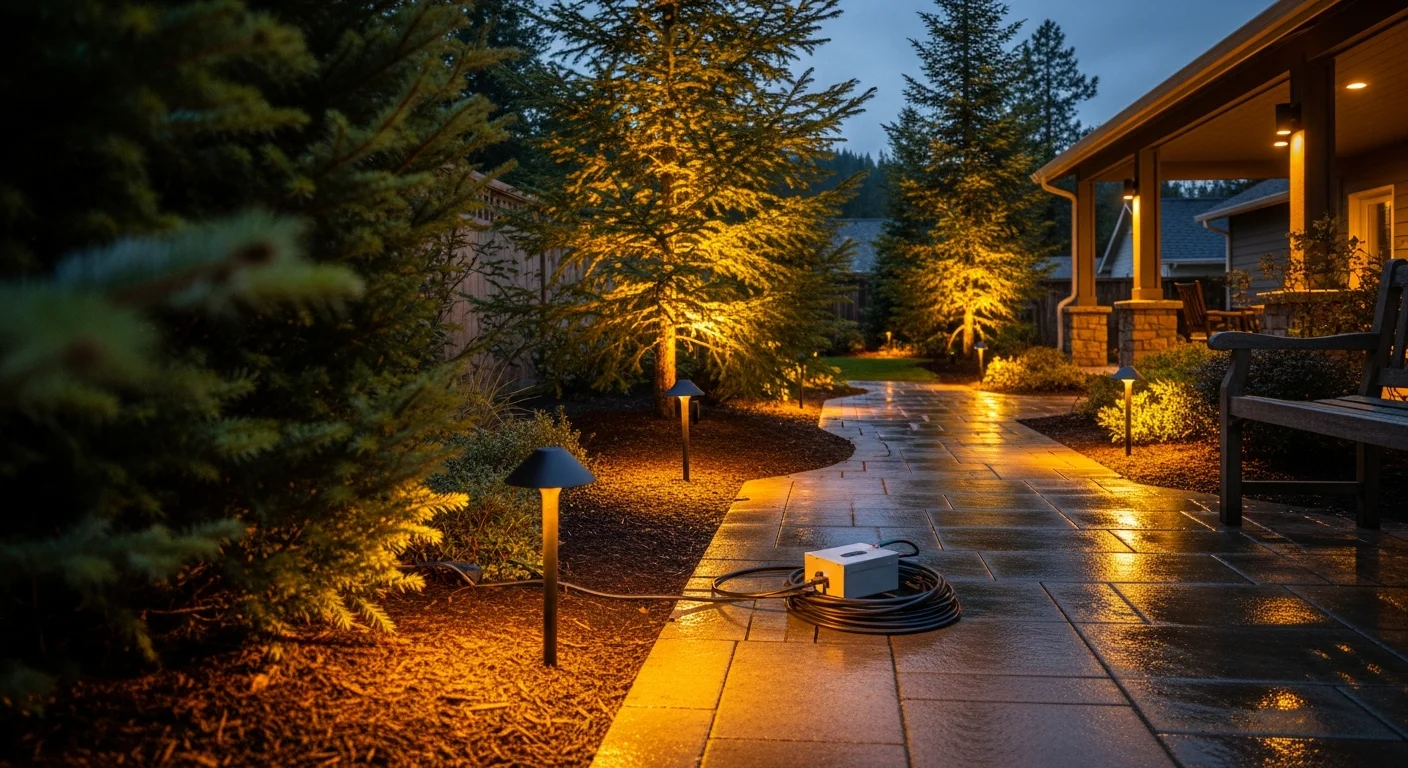 Low-voltage pathway lights and tree-mounted fixtures illuminating a residential front yard at night in Snohomish County, Washington. Wet pavers reflect warm light along a curved walkway leading to a covered front entry.