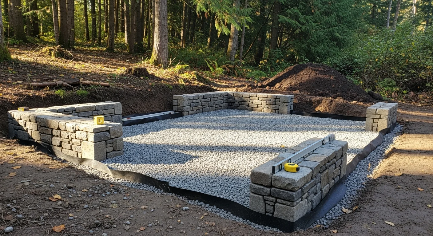 A finished backyard outdoor living space on a Snohomish County residential property, showing a paver patio, low retaining wall, and landscape lighting surrounded by Pacific Northwest plantings. The space includes a fire pit seating area and a pergola with a view of a wooded yard.